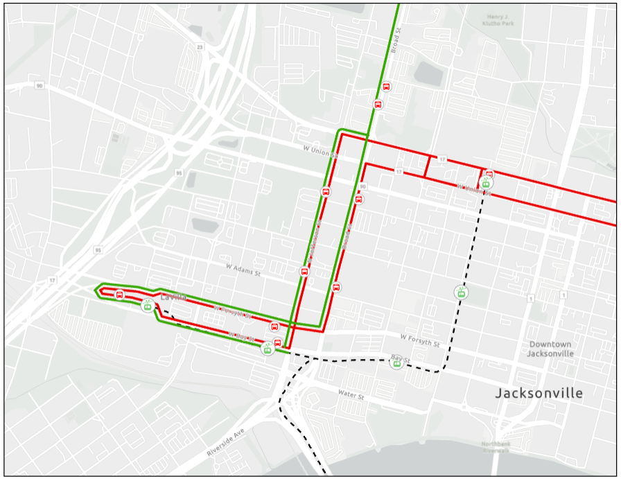 Map of green and red lines for the northbound area of the Skyway