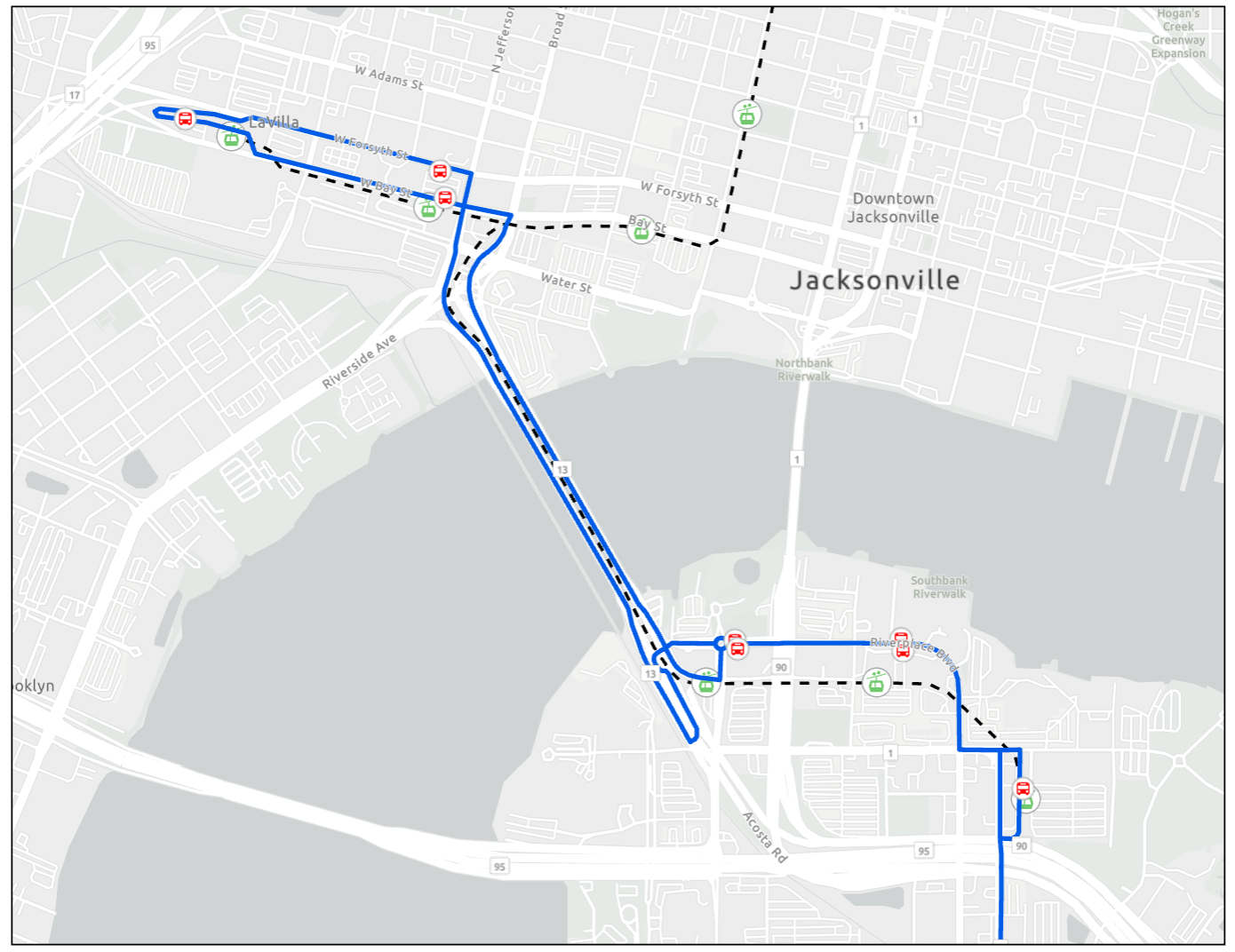 Map of the blue line for the southbound area of the Skyway